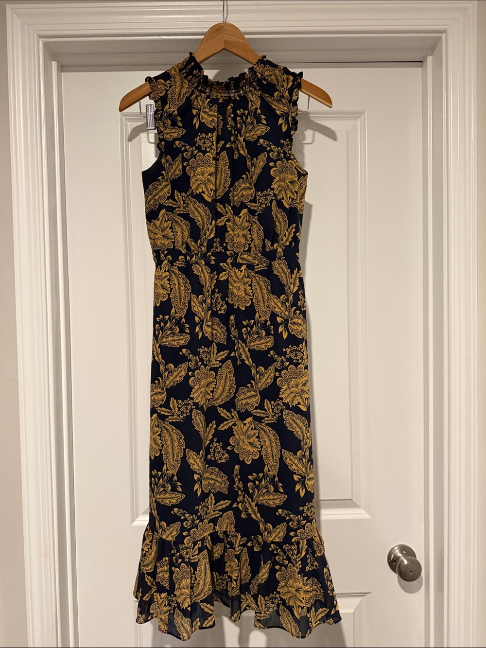 J. Crew Navy and Mustard Floral Sleeveless Midi Dress